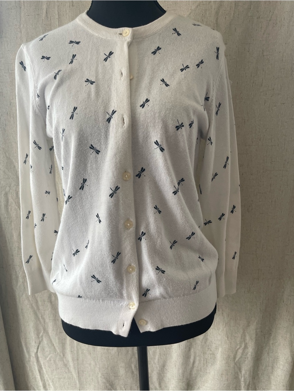 Bass White Cardigan with Navy Dragonfly Motif